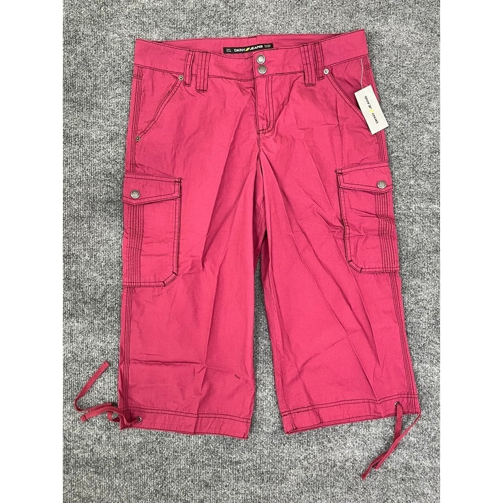 NWT DKNY Jeans Women's Red/Maroon Pockets Roll Tab Crop Cargo Capri Pants 12‎